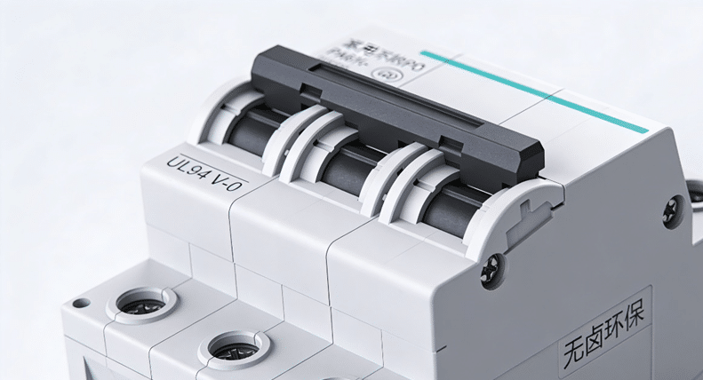 Flame retardant nylon products display including circuit breakers and connectors for electronic safety